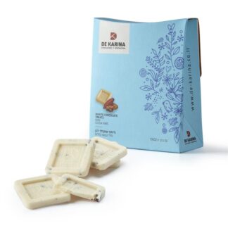 מאניה תכלת - ריבועי שוקולד לבן עם שברי פולי קקאו - 50גר